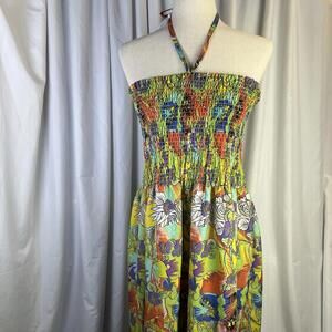 Gypsie Blu Boho Summer Green Floral Summer Dress Maxi Long Casual M -XL Neck Tie